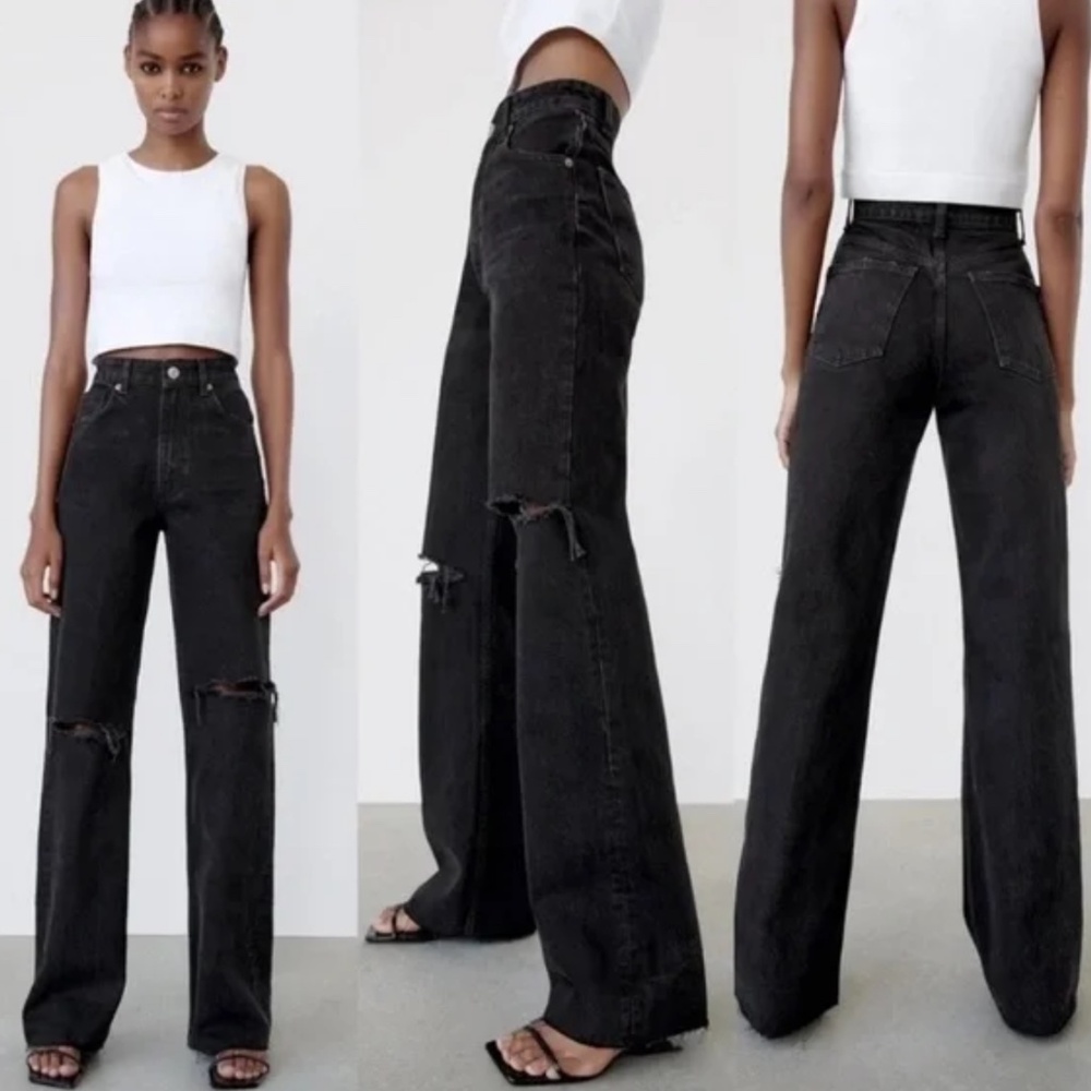 Zara Black Wide Leg Jeans with Distressed Knees & Raw Hem